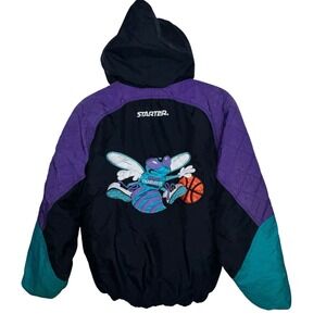 Vintage 90s Starter Charlotte Hornets Jacket Medium Teal Purple NBA Y2K Hooded